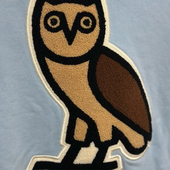 October’s Very Own OVO Chenille Bubble Owl Hooded Sweatshirt Men’s Medium Blue